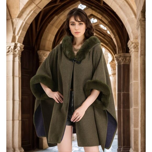 HOT Women's Luxury Batwing Sleeve Faux Fur Cape-Army Green - Picture 3 of 5